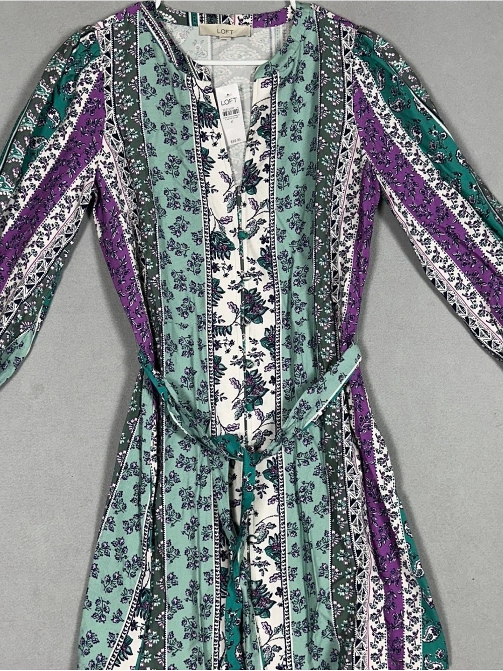 LOFT Mint, Purple & Teal Floral-Stripe Long Sleeve Belted Dress